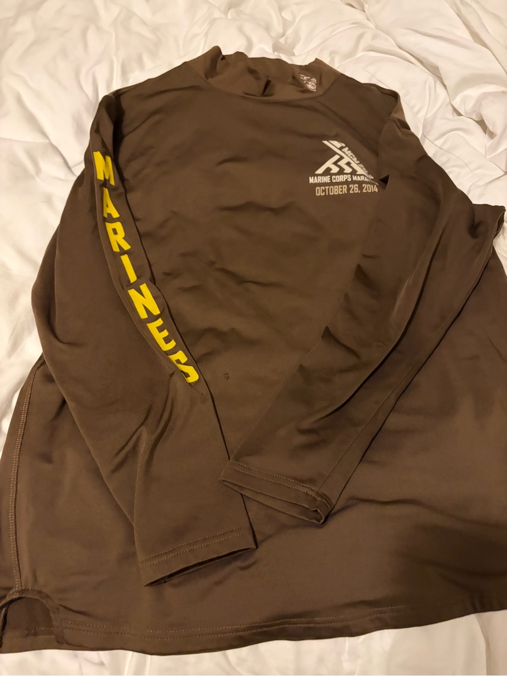 Marine Corps Marathon 2014  Brown Long Sleeve Shirt with Yellow Sleeve Print